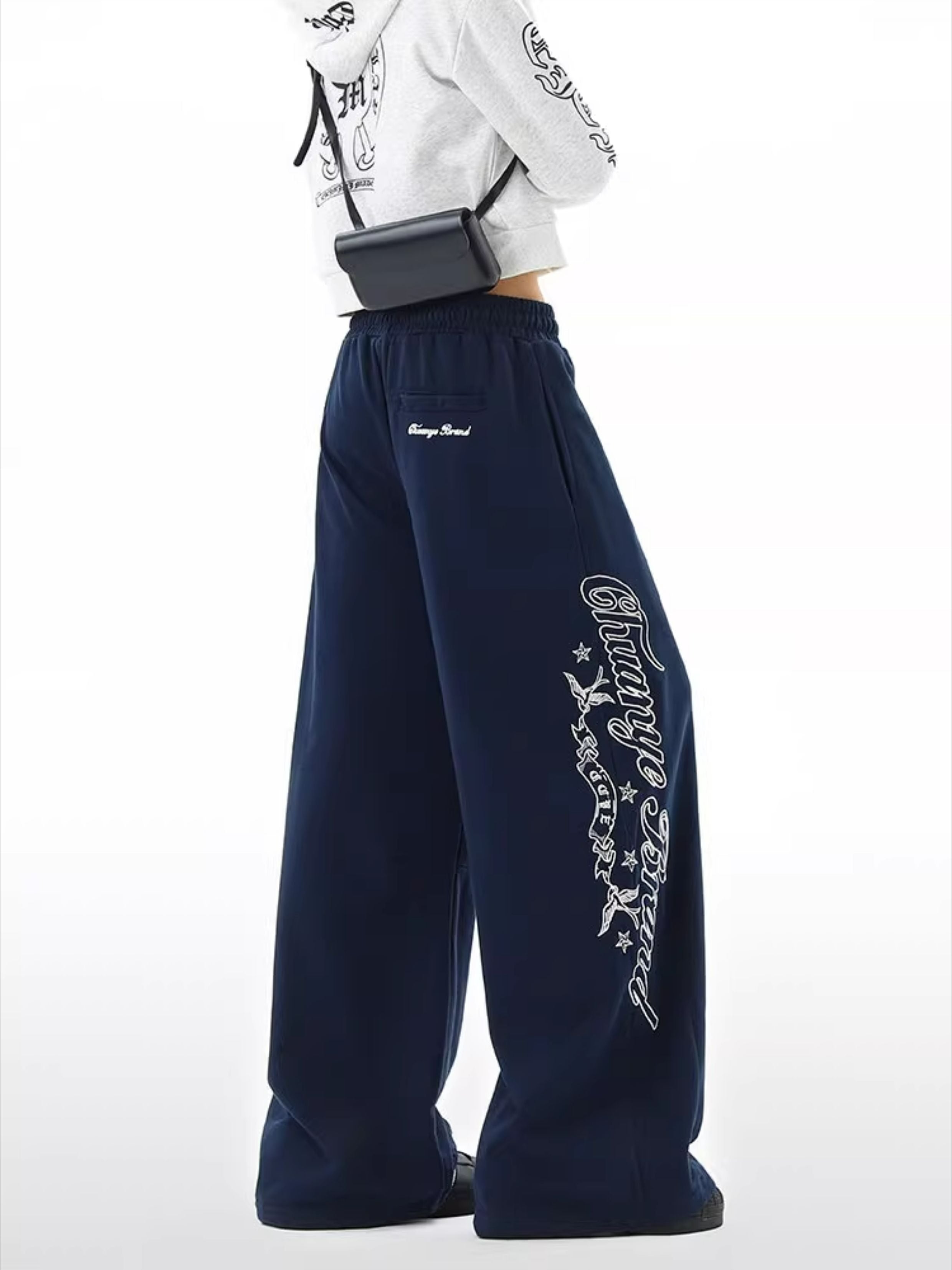 Letter Embroidered Scimitar Sweatpants Elastic Waist Wide-leg Pants