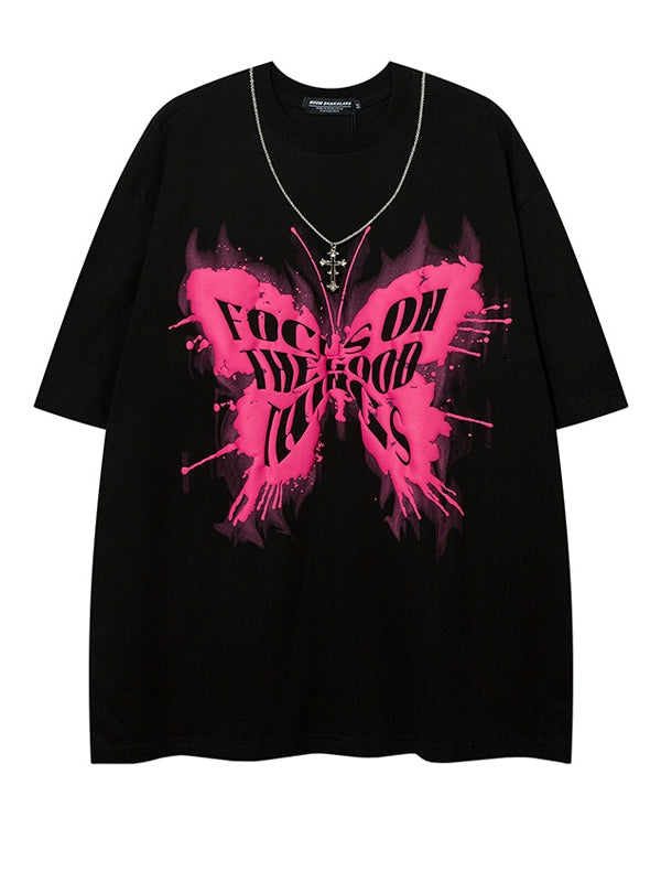 Hiphop Necklace with Butterfly Print Loose Short-sleeved T-shirt
