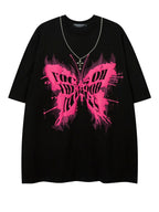 Hiphop Necklace with Butterfly Print Loose Short-sleeved T-shirt