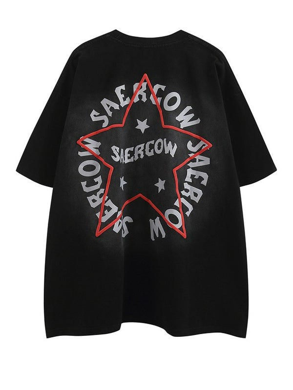 Hiphop Vintage Star Print Loose Short Sleeve T-Shirt