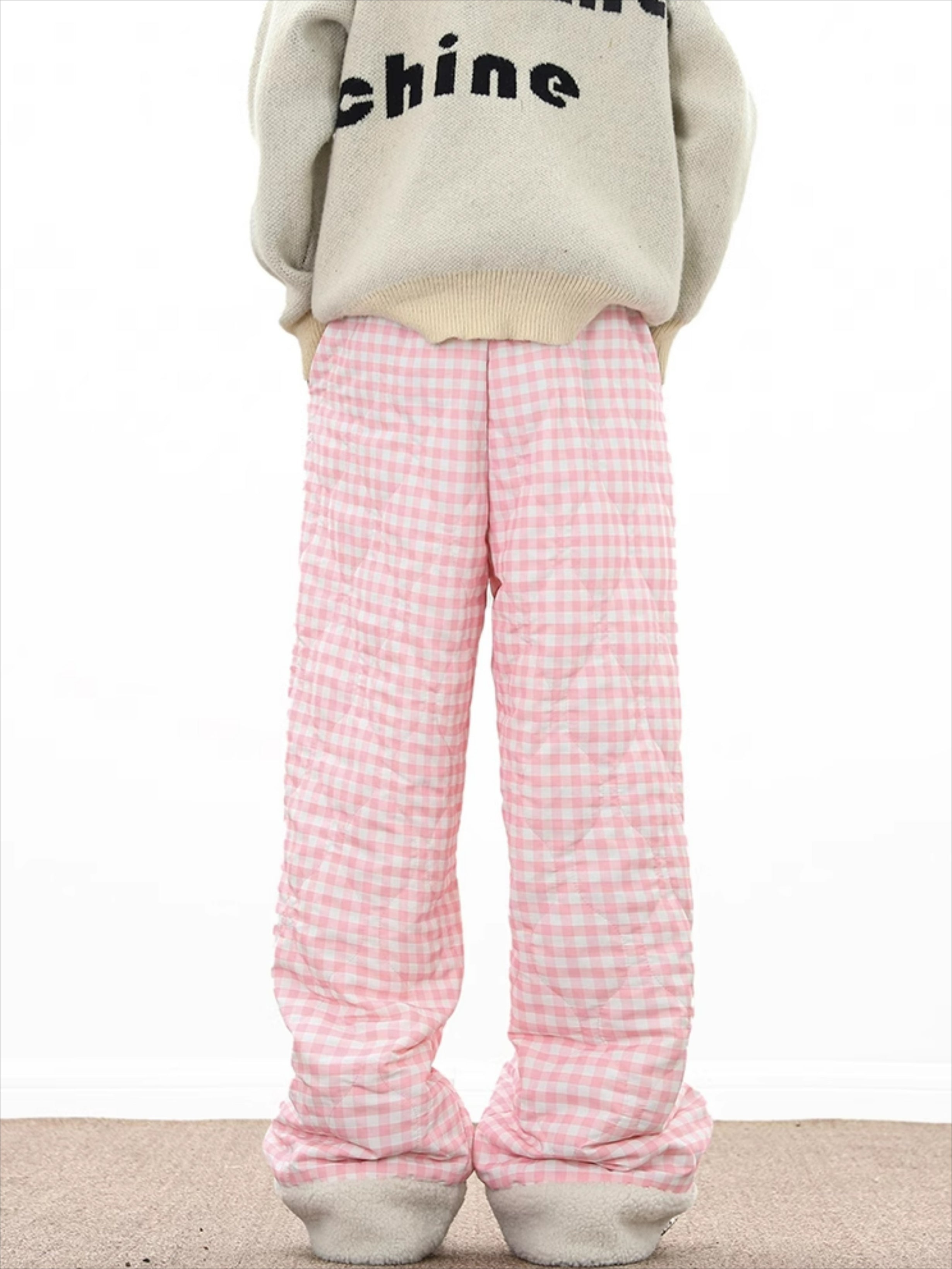 Lamb Wool Splicing Plaid Cotton Pants