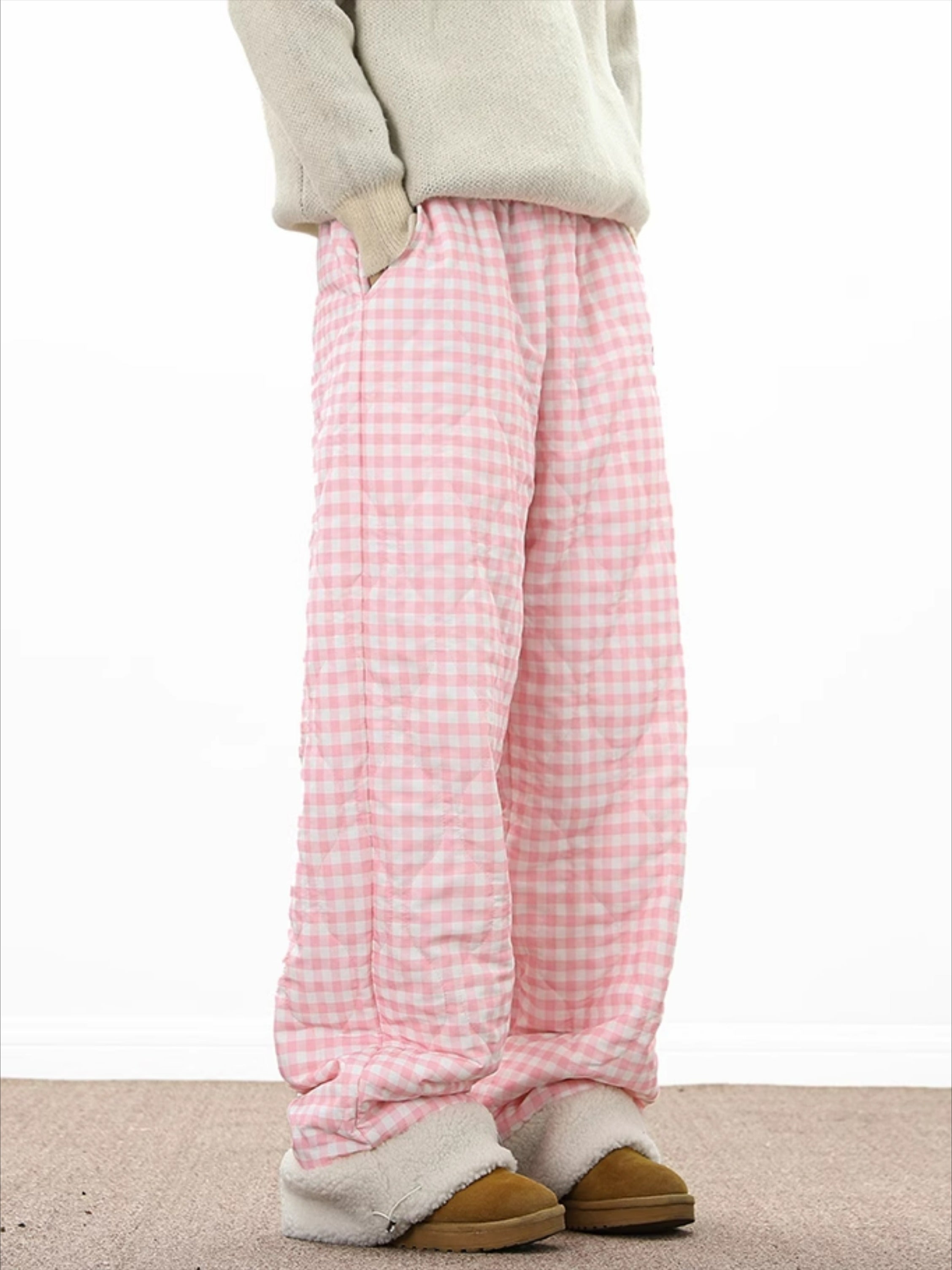 Lamb Wool Splicing Plaid Cotton Pants