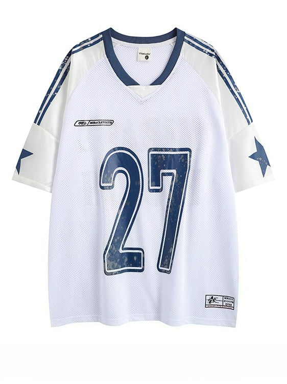 Vintage Jersey V-neck Mesh Short-sleeved T-shirt