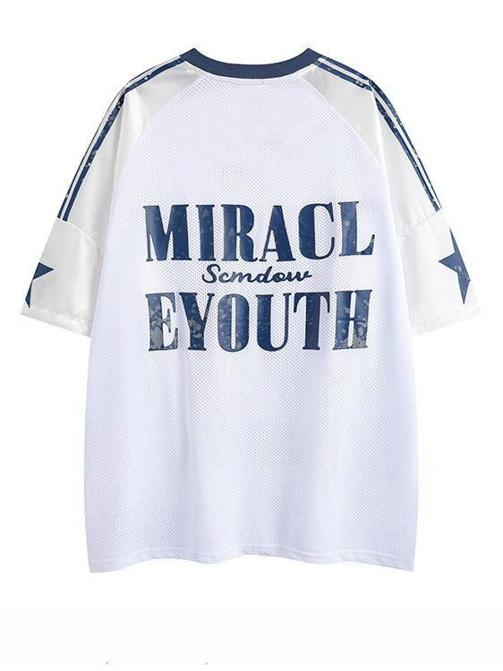 Vintage Jersey V-neck Mesh Short-sleeved T-shirt