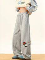 Dachshund Puppy Embroidered Fleece Sweatpants Wide Leg Casual Pants