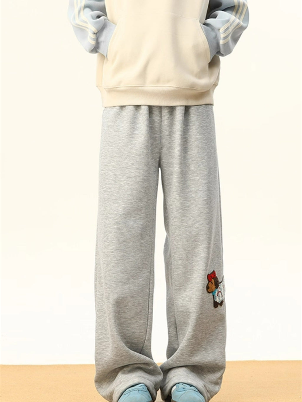 Dachshund Puppy Embroidered Fleece Sweatpants Wide Leg Casual Pants