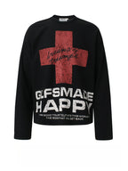 Cross Letter Graffiti Print Loose Long Sleeve T-Shirt
