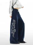 Letter Embroidered Scimitar Sweatpants Elastic Waist Wide-leg Pants