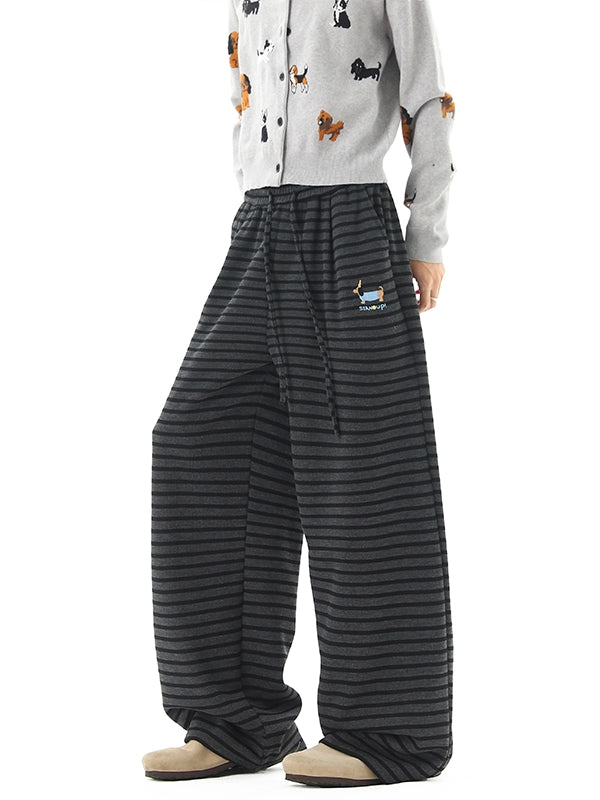 Puppy Embroidered Striped Fleece Casual Pants