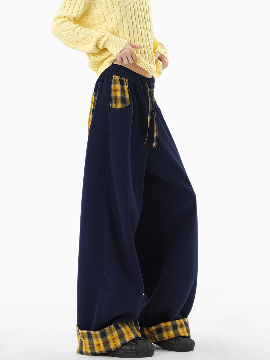 Retro Contrasting Color Plaid Splicing Sweatpants
