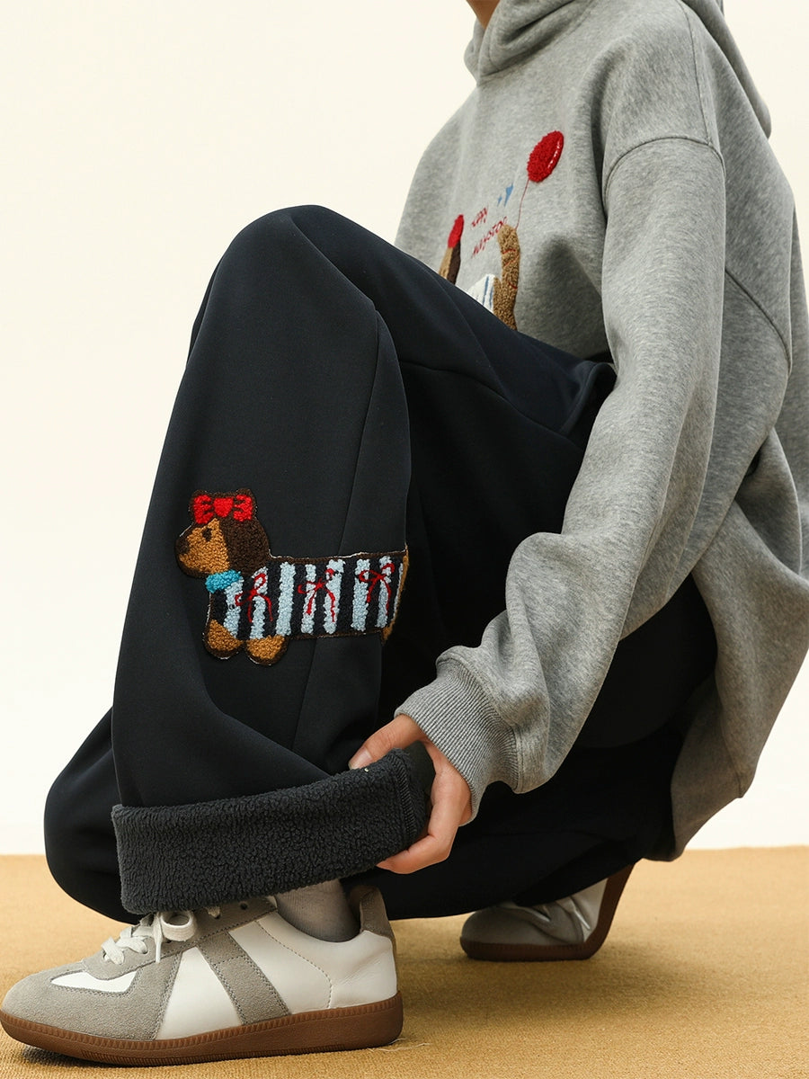 Dachshund Puppy Embroidered Fleece Sweatpants Wide Leg Casual Pants