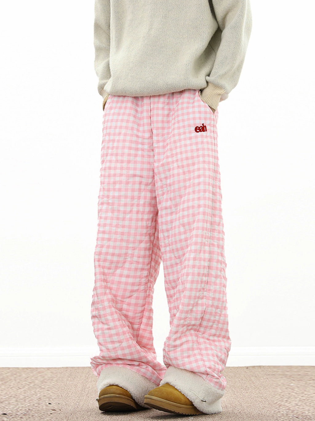 Lamb Wool Splicing Plaid Cotton Pants