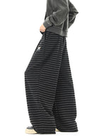 Puppy Embroidered Striped Fleece Casual Pants