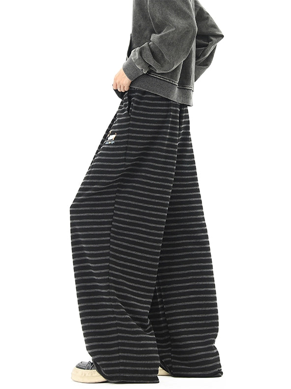 Puppy Embroidered Striped Fleece Casual Pants