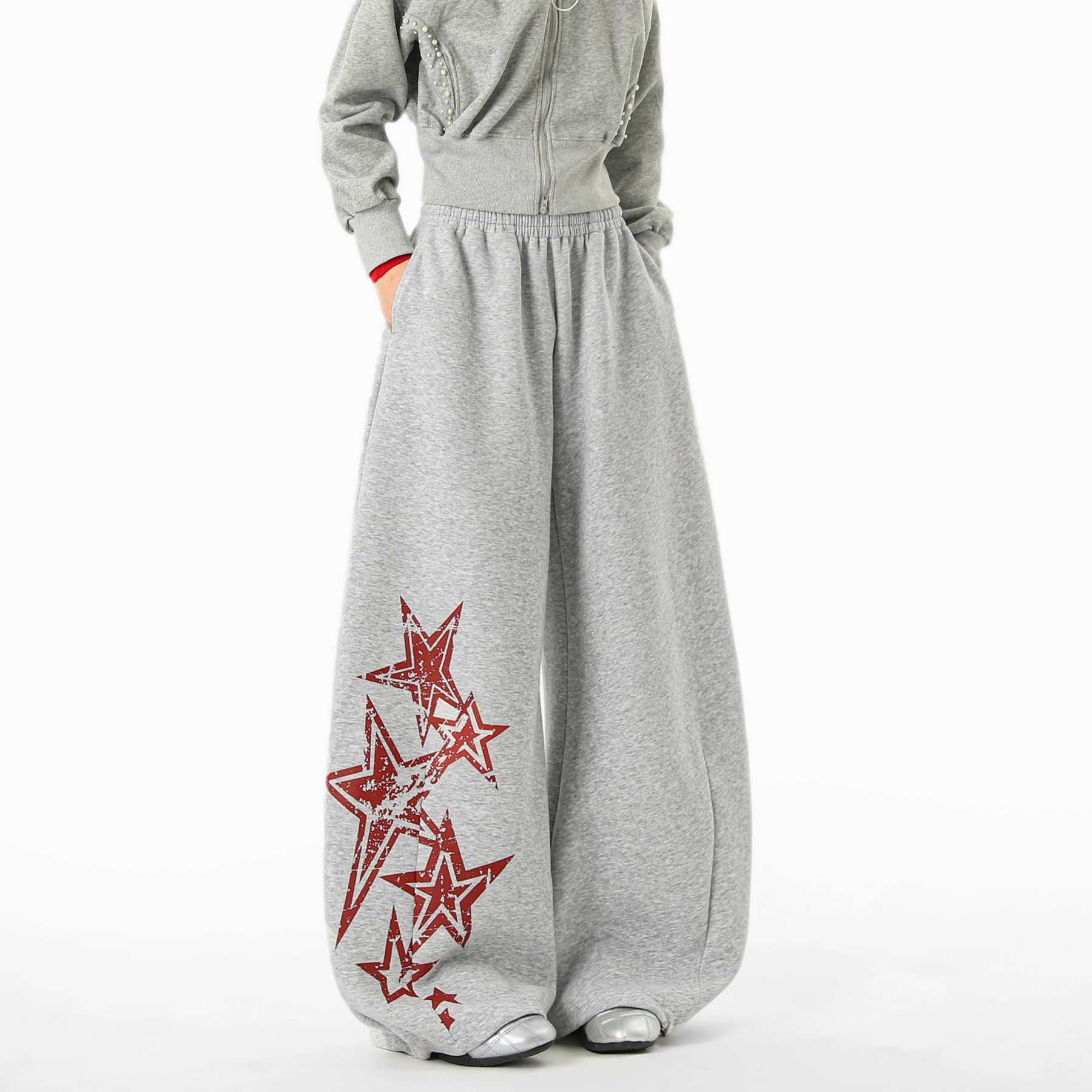 Star Print Fleece Sweatpants Loose Wide-leg Pants