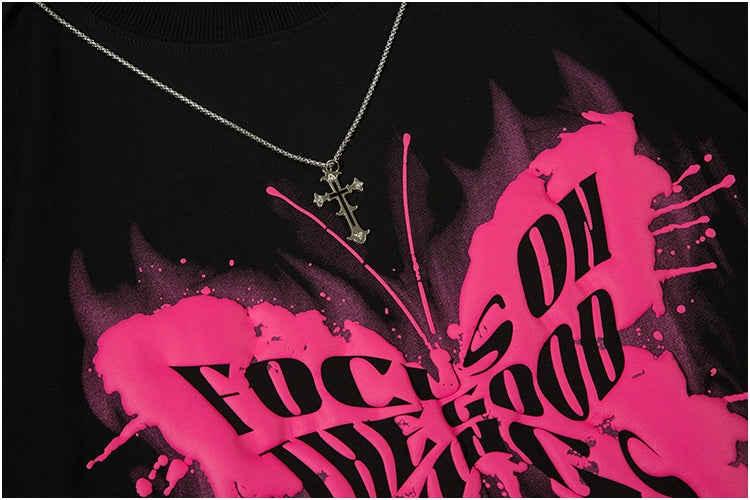 Hiphop Necklace with Butterfly Print Loose Short-sleeved T-shirt
