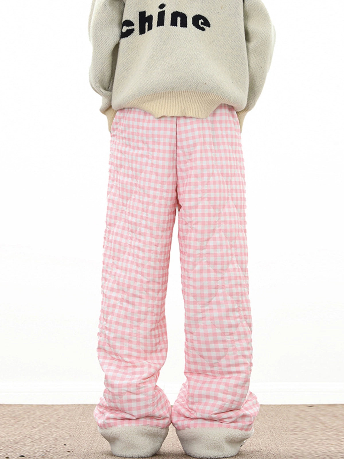 Lamb Wool Splicing Plaid Cotton Pants