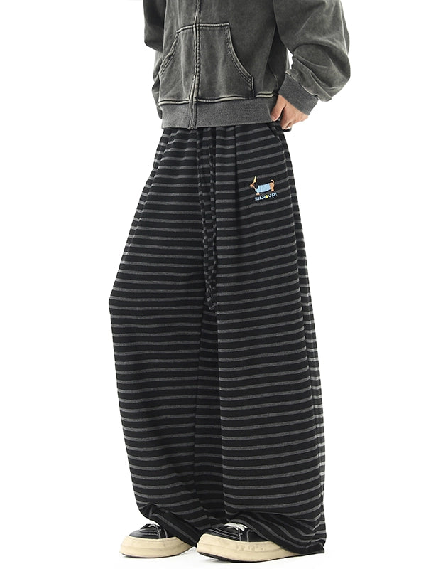 Puppy Embroidered Striped Fleece Casual Pants