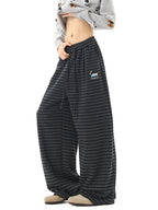 Puppy Embroidered Striped Fleece Casual Pants