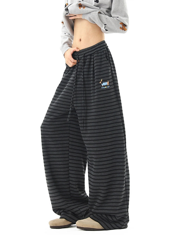 Puppy Embroidered Striped Fleece Casual Pants