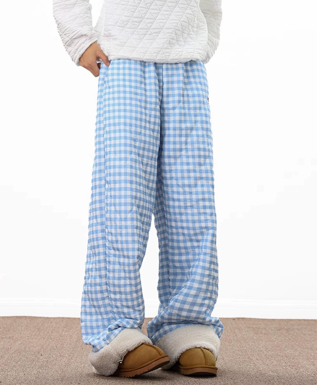 Lamb Wool Splicing Plaid Cotton Pants