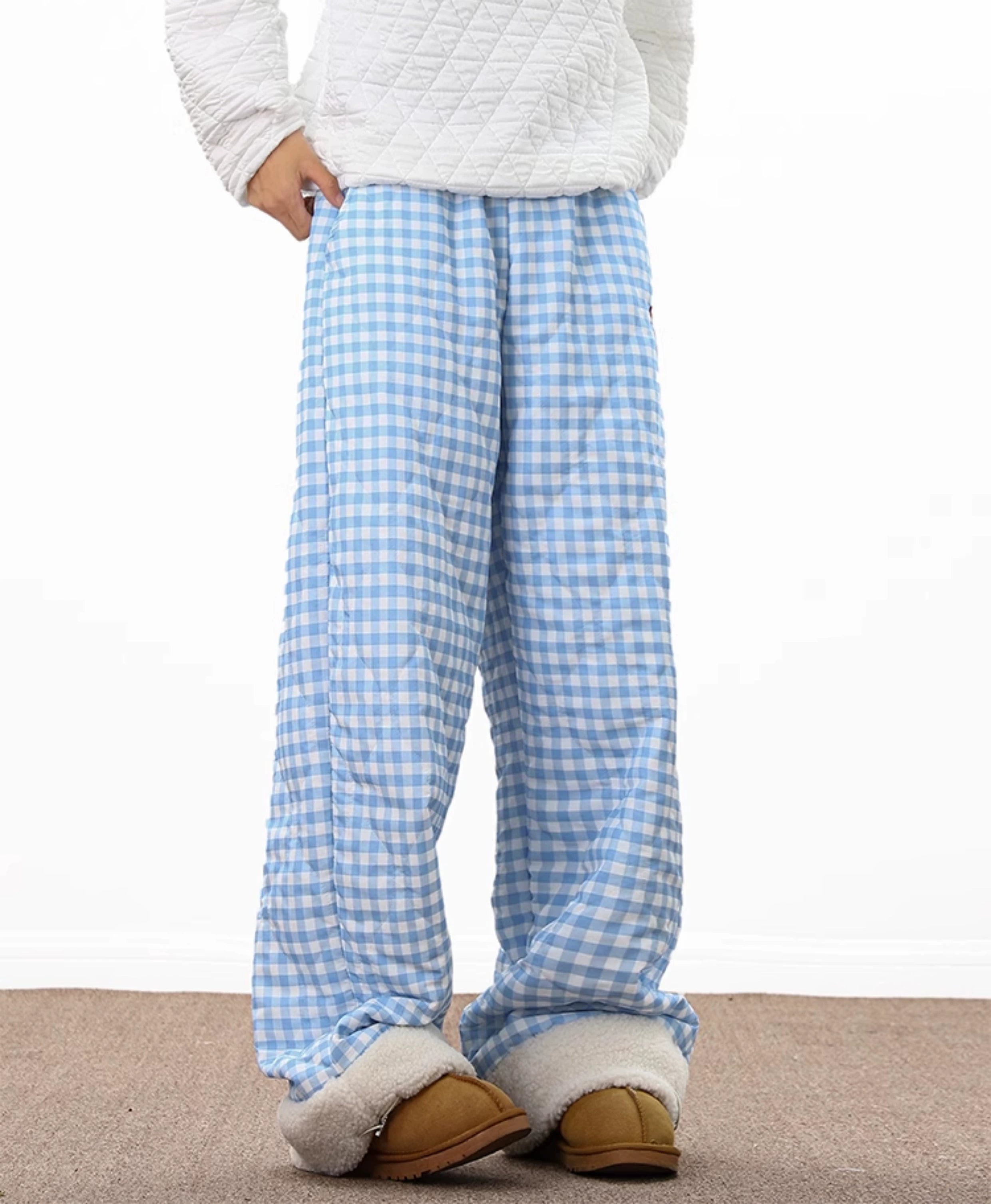 Lamb Wool Splicing Plaid Cotton Pants