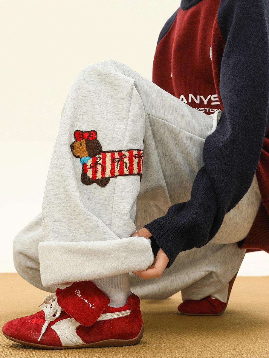 Dachshund Puppy Embroidered Fleece Sweatpants Wide Leg Casual Pants