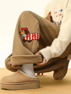Dachshund Puppy Embroidered Fleece Sweatpants Wide Leg Casual Pants