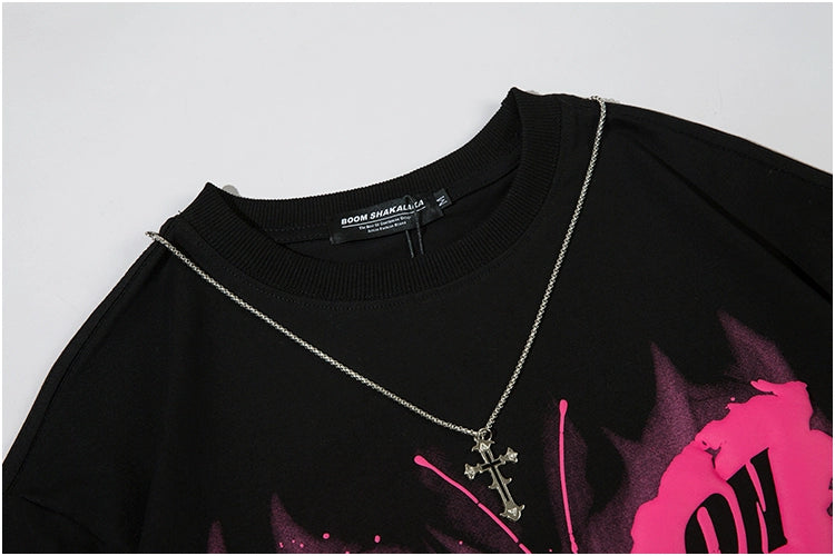 Hiphop Necklace with Butterfly Print Loose Short-sleeved T-shirt