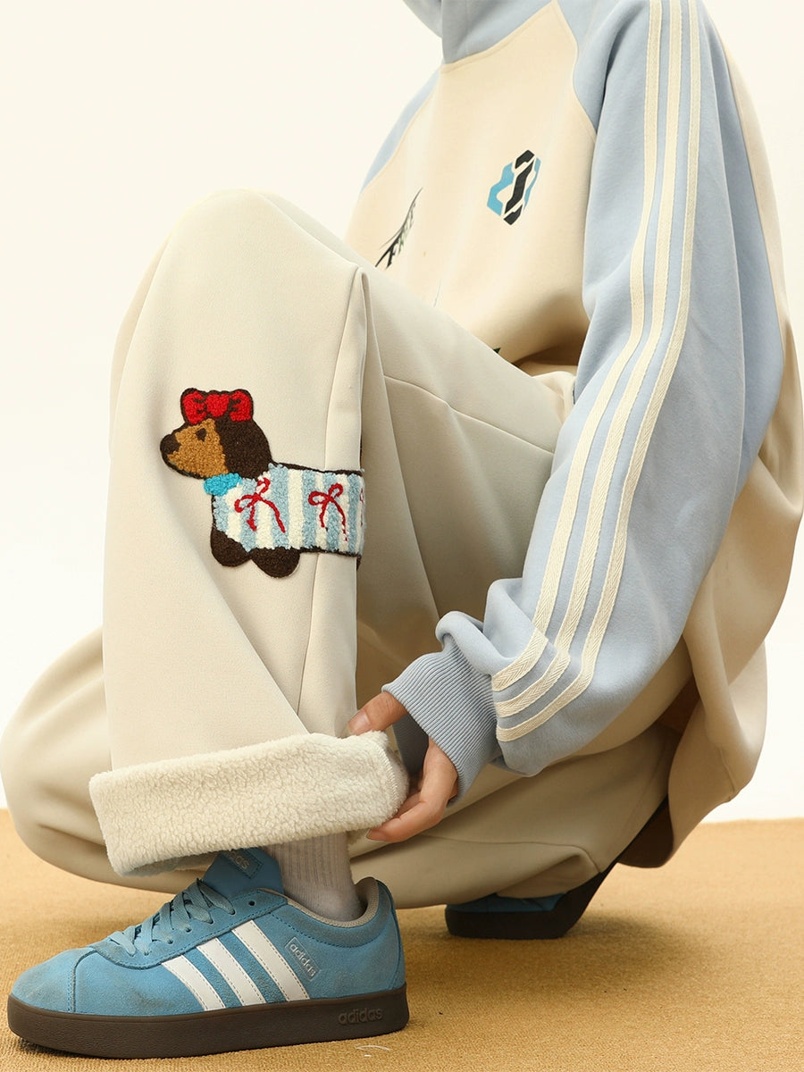 Dachshund Puppy Embroidered Fleece Sweatpants Wide Leg Casual Pants