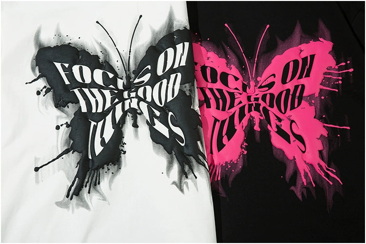 Hiphop Necklace with Butterfly Print Loose Short-sleeved T-shirt