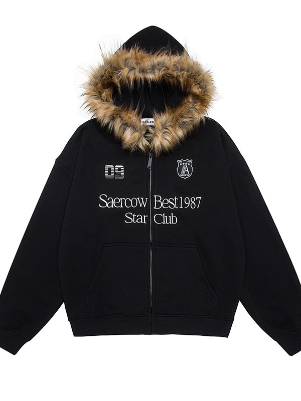 Fleece Thickened Fur Neck Hooded Cardigan