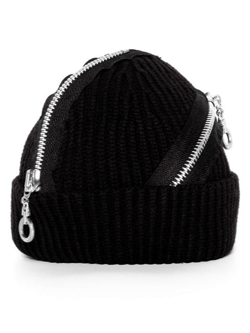 Zipper Black Knitted Hat
