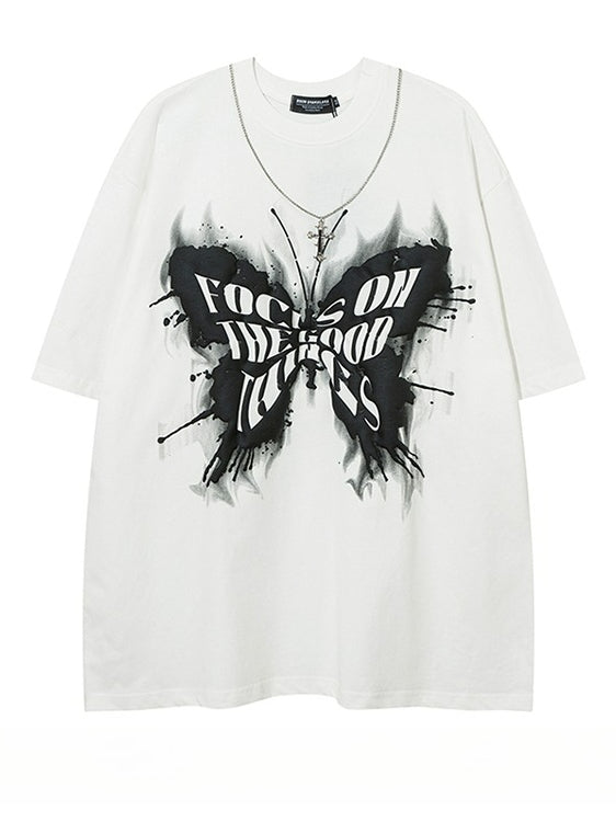 Hiphop Necklace with Butterfly Print Loose Short-sleeved T-shirt
