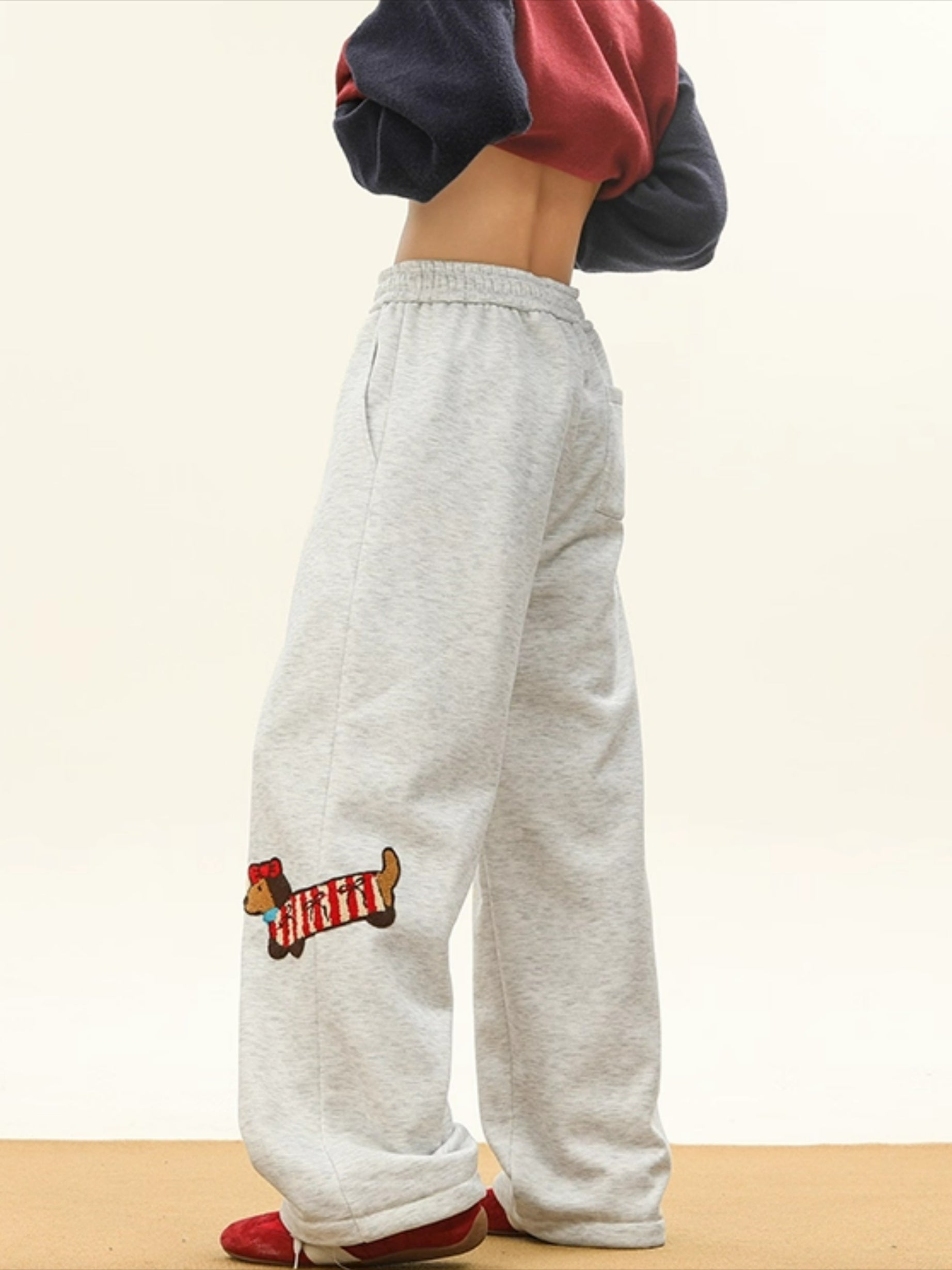 Dachshund Puppy Embroidered Fleece Sweatpants Wide Leg Casual Pants